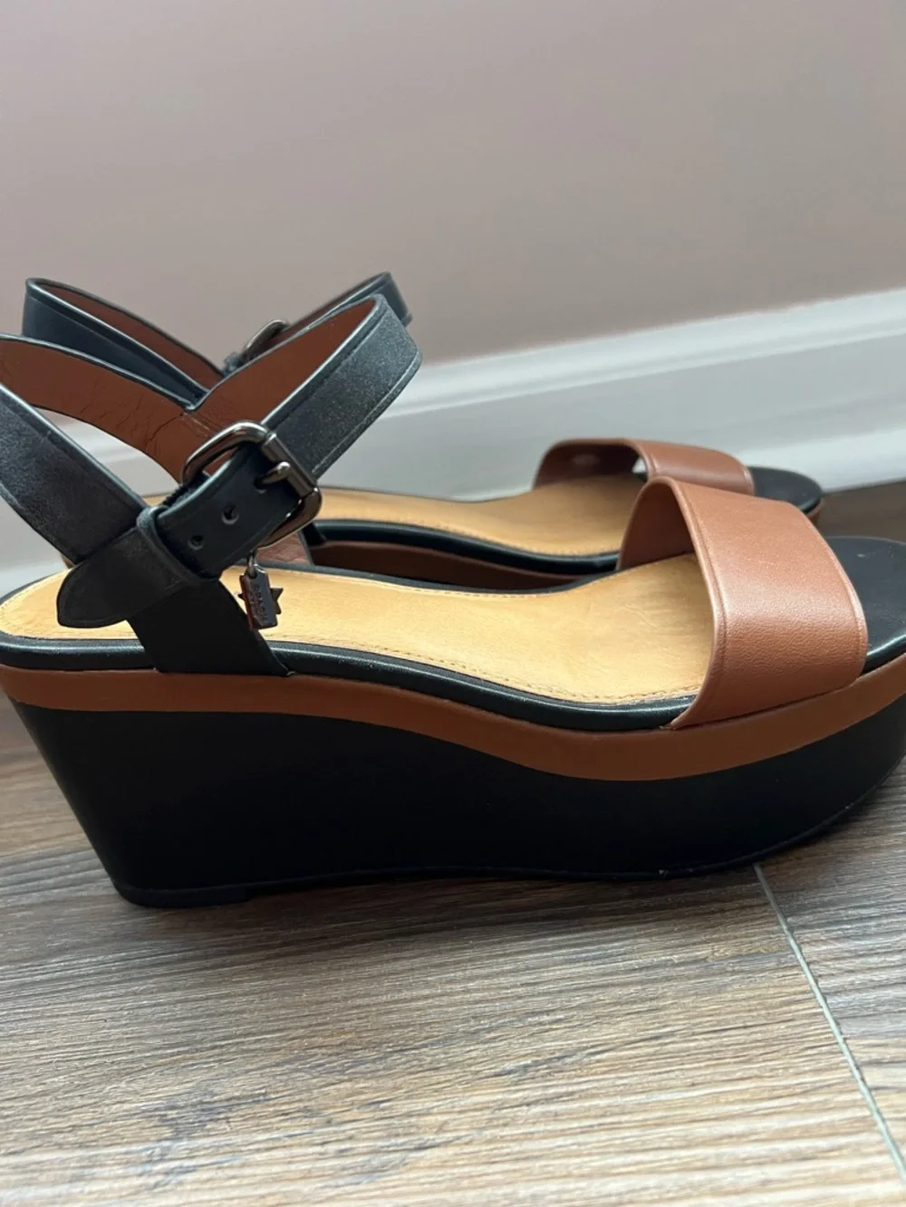 Coach Black & Brown Leather Ankle-Strap Sandals